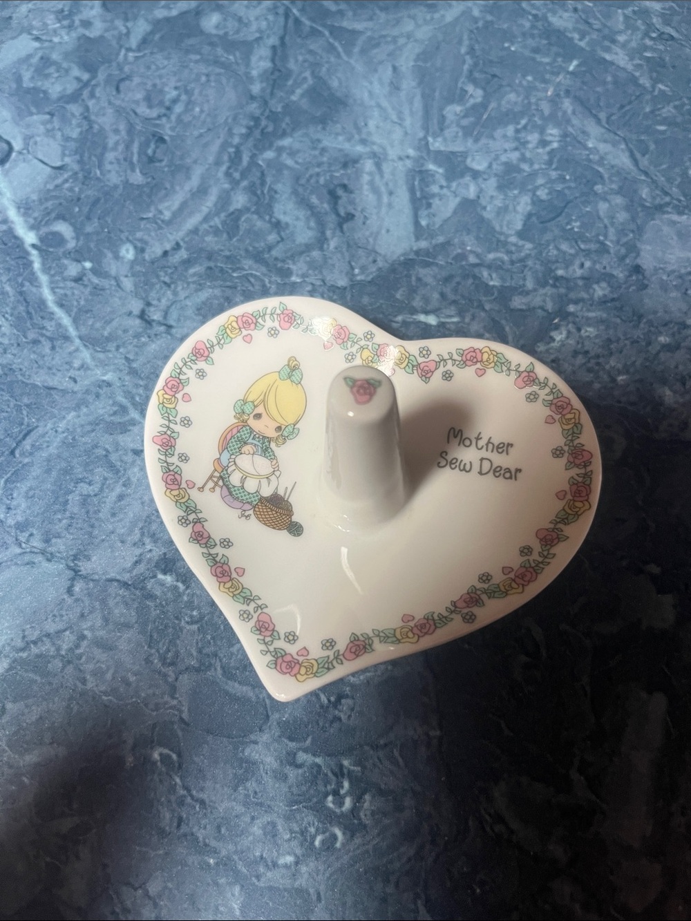 Precious Moments Heart Pin Cushion Dish in White with Pastel Floral Accents